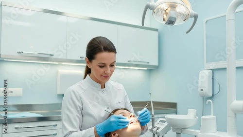 Female dentist in blue gloves examining a patient's teeth under a bright lamp, symbolizing professional oral care, dental hygiene, and medical expertise.

