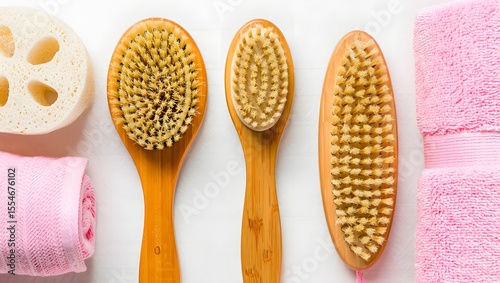 Wooden Bath Brushes and Pink Towels on White Tile