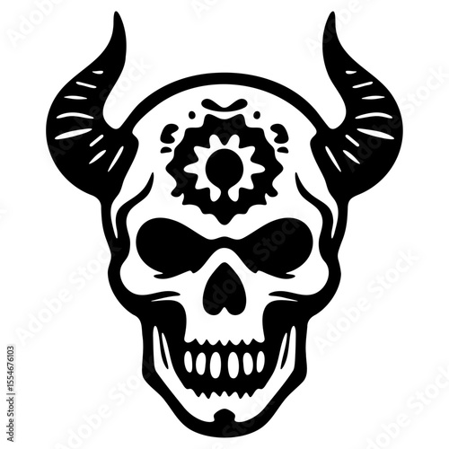 Skull silhouette with horns and a gear, creating a striking and edgy design.