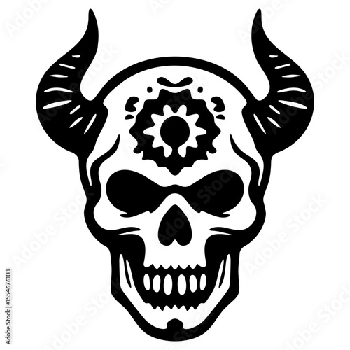 Skull silhouette with horns and a gear, creating a striking and edgy design.