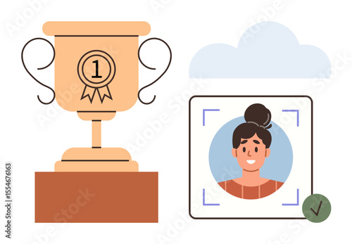 Gold trophy symbolizing achievement alongside a smiling profile picture with a checkmark and a cloud backdrop. Ideal for recognition, award, profile validation, success, achievement, online identity