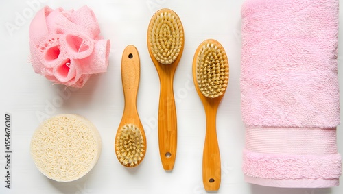Wooden Bath Brushes and Pink Towels on White Tile
