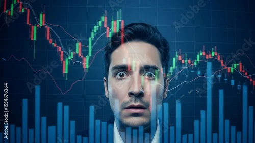 Concerned businessman with wide eyes, overlaid with fluctuating stock market graphs, symbolizing financial stress, market volatility, and economic uncertainty