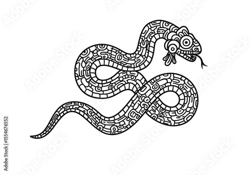 Aztec snake drawing. It is a black and white outline image of an Aztec serpent, a mythical creature and symbol in ancient Mesoamerican culture. Vector sketch line art draw.