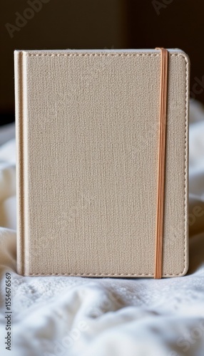 Beige Textured Notebook with Wooden Band on Cream Fabric