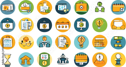 Vector icon set covering HR, finance, legal, marketing, customer service, security and project management. Consistent style, perfect for presentations and infographics.