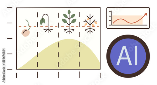 Plant life cycle stages on a graph, AI badge, and progress chart. Ideal for agriculture, AI, data analytics, growth, innovation sustainability technology concepts. Minimal flat metaphor