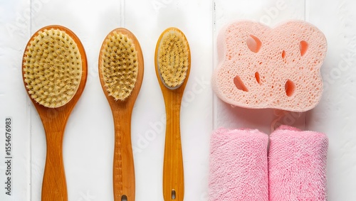 Wooden Bath Brushes and Pink Towels on White Tile