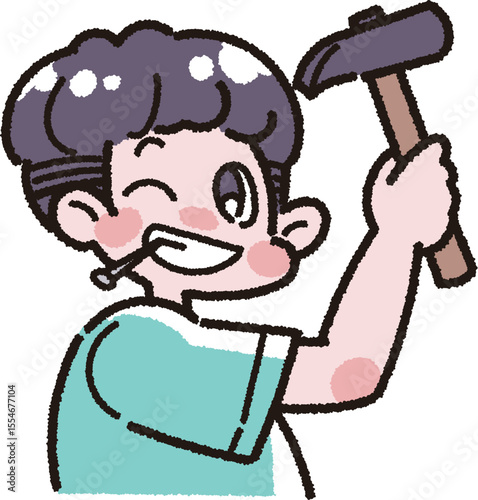 ハンマーを持った男の子のイラスト