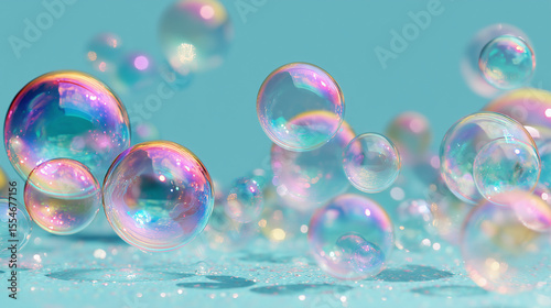 Floating iridescent soap bubbles with suds and foam against a vibrant blue background , sphere, design element