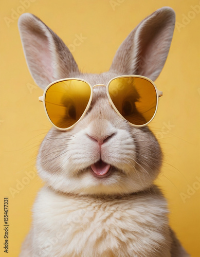 bunny with sunglasses on yellow background