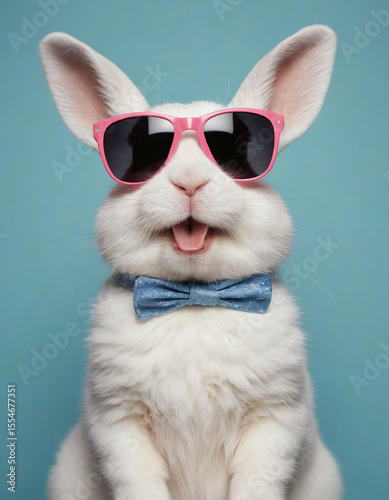 white bunny with pink sunglasses on blue background