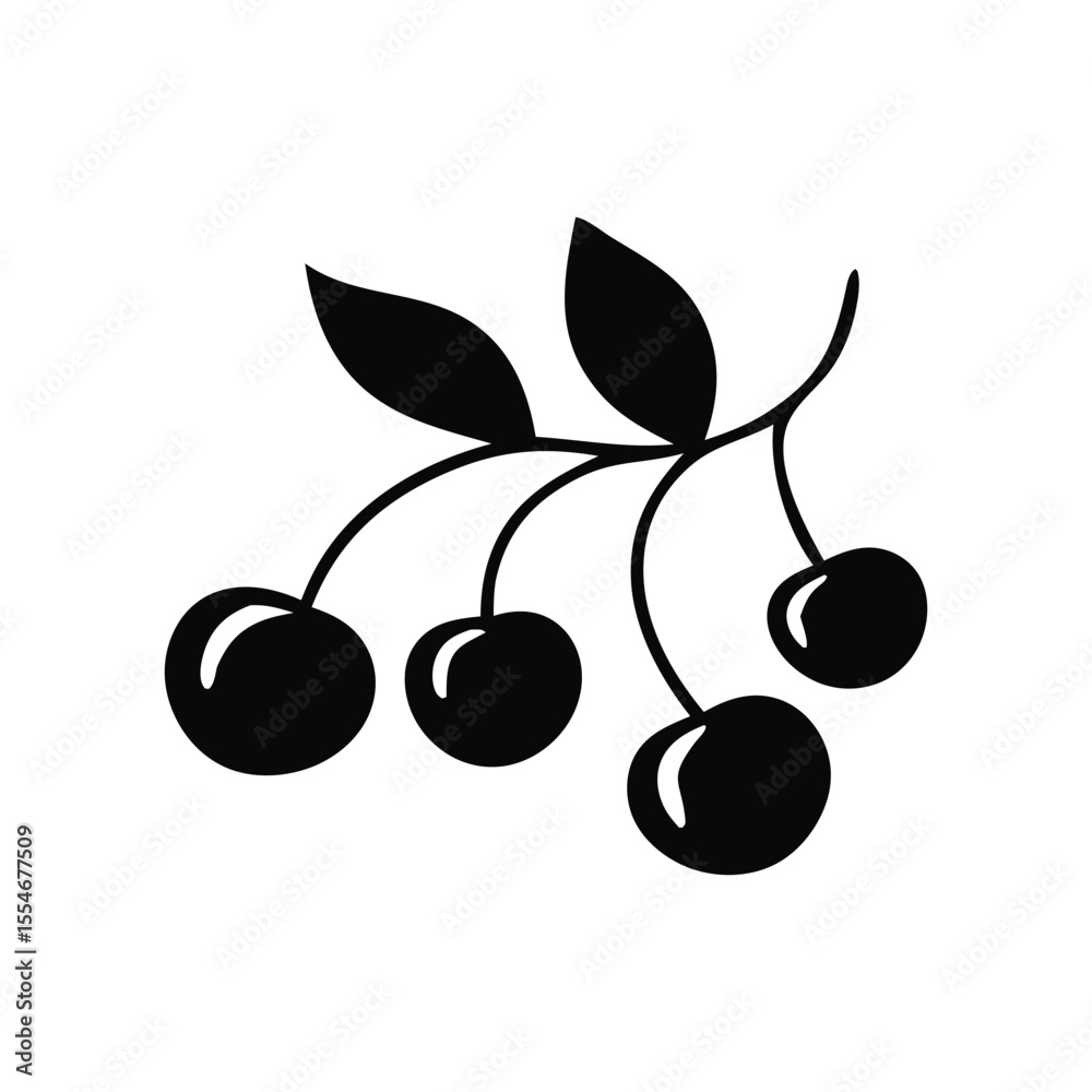 Obraz premium Black Cherry Silhouette Clipart Branch Icon Simple Fruit Illustration