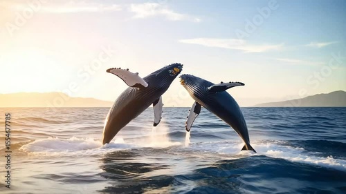 Two humpback whales breaching ocean water, sunset light background