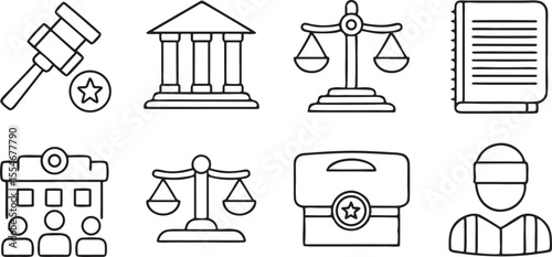 Court Themed Icon Set in Black Line Style Featuring Gavel Courthouse and Legal Symbols