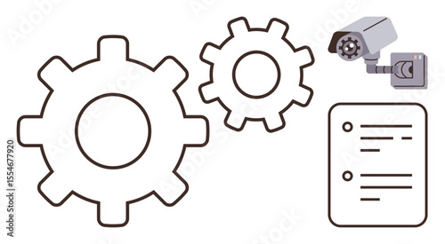 Interconnected gears, a security camera, and a document symbolizing system optimization, automation, surveillance, compliance, project management. Ideal for technology, security workflow