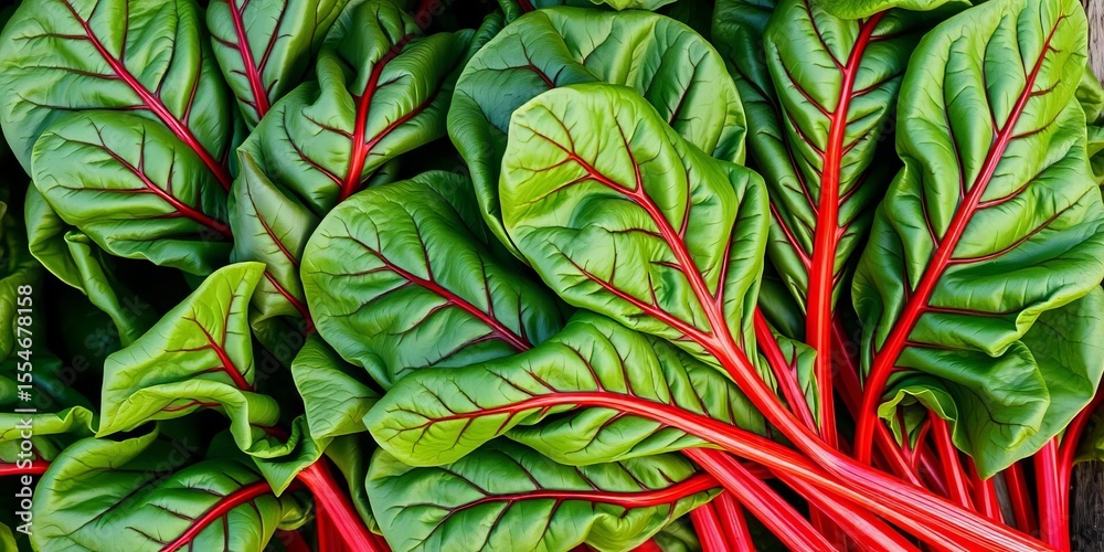 Obraz premium Vibrant fresh Swiss chard leaves, red stems, organic farm produce, detail, produce