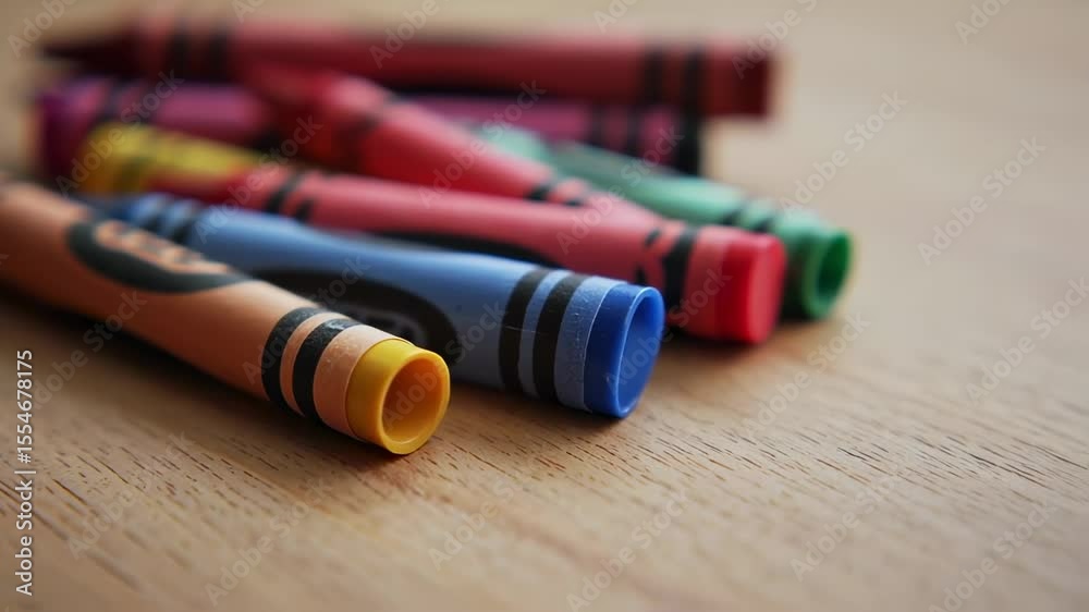 Creative energy bursts from scattered crayons on wooden art desk