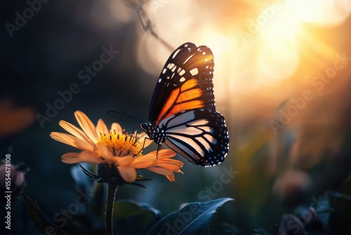 A beautiful butterfly perched delicately on vibrant flowers nature scene close-up photography morning light serene environment
