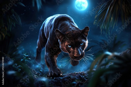 A black panther prowling under moonlight jungle wildlife photography nighttime close-up nature's enigmatic predator