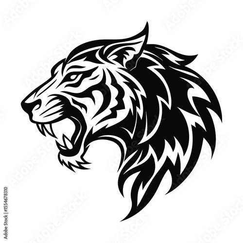 Tribal Tiger Head Tattoo Vector – Fierce Black Ink Roaring Animal Design

