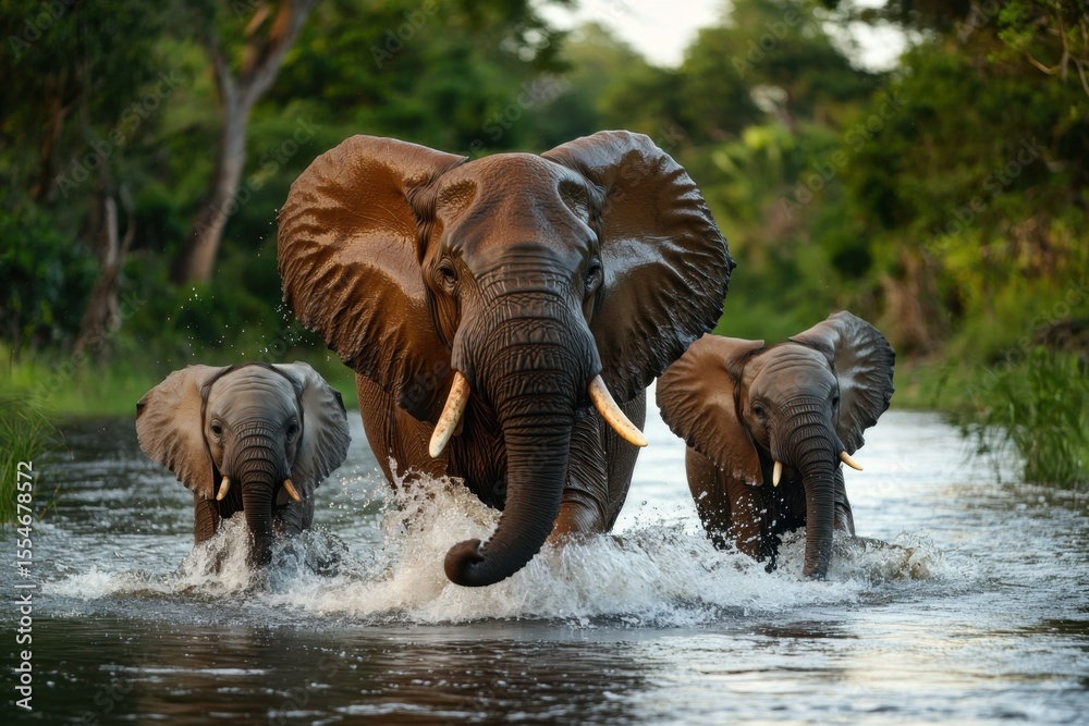 Fototapeta premium Wild elephants crossing a river in nature gigapixel standard event family bonding lush green environment close-up viewpoint