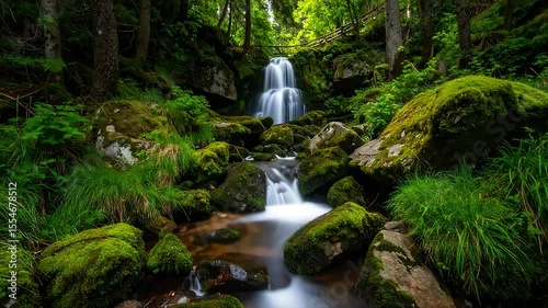 Waterfall cascading through a lush, mossy forest
