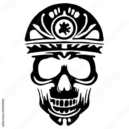 A skull featuring intricate tribal designs of silhouettes