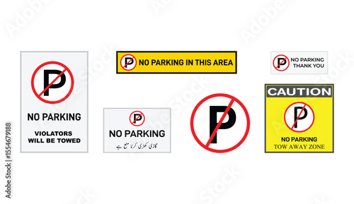 "No Parking Sign Set – Classic, Modern, Multilingual & Warning Labels with Red Circle Icons, Bold Text, and Urdu-English Road Safety Boards"