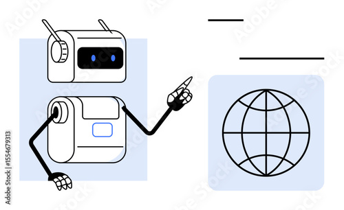 Humanoid robot with antenna pointing at a globe, communicating information. Ideal for technology, education, innovation, artificial intelligence, global connection, communication, simple flat