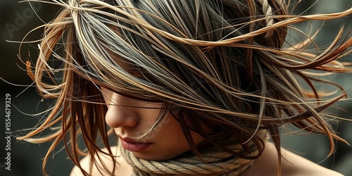Windswept hair, bound by rope; symbolic of societal constraints, artistic, powerlessness
