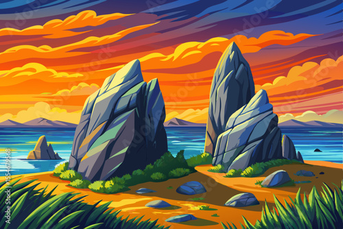 Coastal grassland landscape with volcanic rocks and sea breeze, beautiful beach