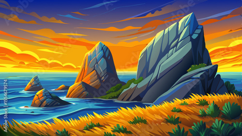 Coastal grassland landscape with volcanic rocks and sea breeze, beautiful beach