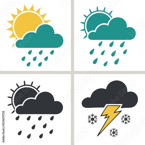 Collection of four distinct weather condition icons showing sun rain clouds and lightning with snowflakes against a black background
