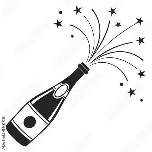 Celebratory champagne bottle popping open with stars and bubbles bursting outward in a dynamic design