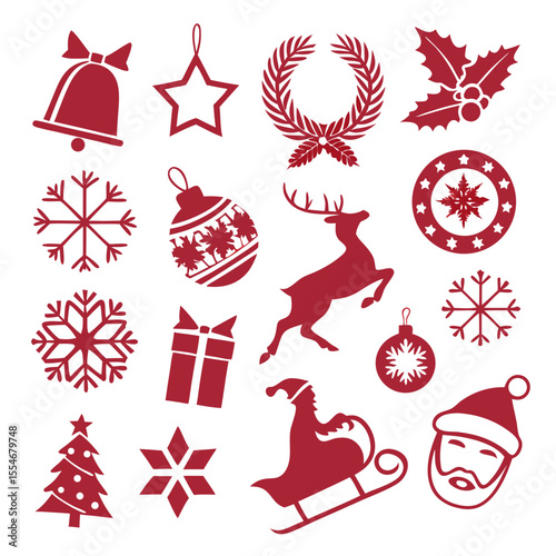 Collection of traditional red christmas icons including santa claus in a sleigh reindeer snowflakes ornaments gifts holly and bells on a black background