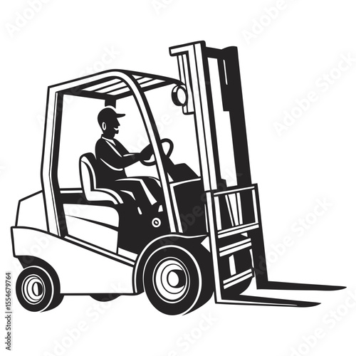 Stylized illustration of a forklift truck with a driver wearing a cap operating the vehicle in a warehouse setting