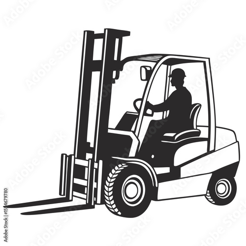 Silhouette of a forklift truck operator wearing a hard hat driving the vehicle in a warehouse setting