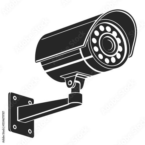 A simple clean and modern vector illustration of a surveillance security camera mounted on a wall bracket against a black background