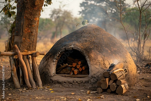 Handmade village oven fire glowing inside high resolution picture