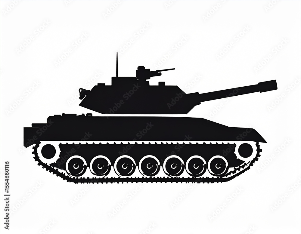 Fototapeta premium Minimalist Black Tank Icon – Simple Vector Illustration of Military Armored Vehicle Silhouette on White Background, Flat Design Style for Defense, War Game, and Strategy Concept Projects