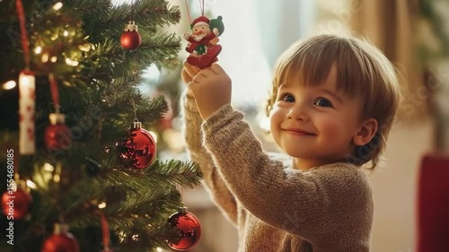 Child decorates Christmas tree with toys and ornaments during festive holiday season