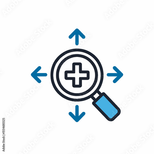 Magnifying glass with plus sign and directional arrows pointing outward