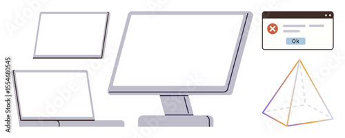 Computer monitor, tablet, and laptop with error message popup and geometric pyramid. Ideal for technology, communication, troubleshooting, error handling, innovation, digital transformation