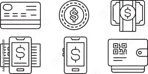Online Payment Icon Pack in Flat Outline Featuring QR Code Wallet Card and Digital Banking