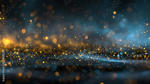 Gold and blue bokeh lights are scattered in the dark space