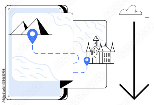 Tablet screen with a map, highlighting a journey from mountains to a castle using a route marker. Ideal for travel, tourism, navigation, exploration, itinerary planning, storytelling, simple flat
