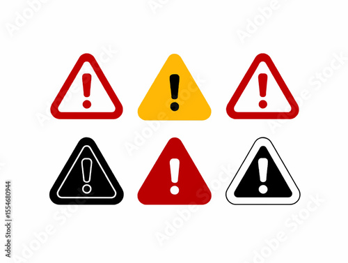 Collection of six triangular warning signs with exclamation points inside
