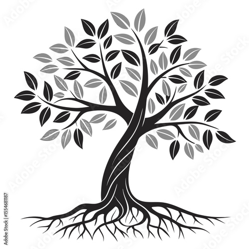Elegant black and gray tree illustration representing growth stability and the natural world
