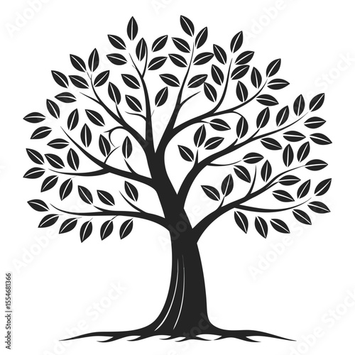 Elegant black silhouette of a tree with lush foliage on a pure white background